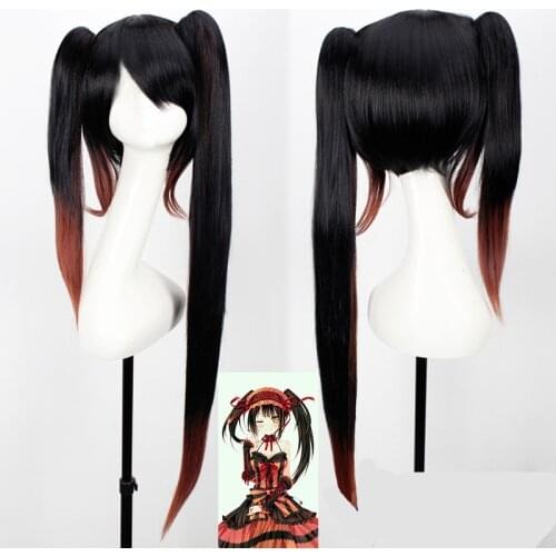 DATE A LIVE Tokisaki Kurumi wig with Bangs Clip Ponytails Comic con Nightmare Black Long ponytials wig costumes