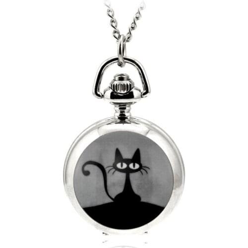 Retro Pocket Watch Enamel Cat Cartton Love Pocket Watch Quartz Movement Clock Necklace Pocket & Fob Watch Pendant Sweater Chain