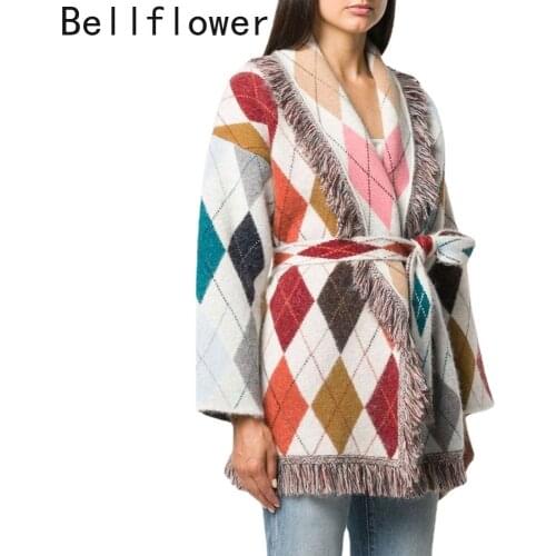 Diamond Lattice Oversized Cardigan Winter Woman Sweaters Tassel Wool Turn-down Collar Long Sleeve England Style Knitted Cardigan