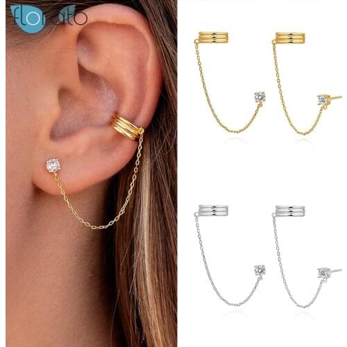 925 Silver Ear Needle Minimalist Ear Chain Stud Earrings for Women Lovely Gold Color Crystal Circle Earrings Fashion Jewelry