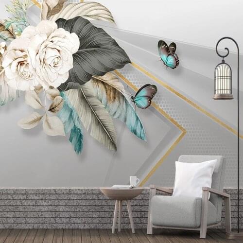 Modern Self-adhesive Wallpaper Home Decor Wall Stickers 3D Hand-painted Flowers Butterfly Geometric Custom Mural Autoadhesivo