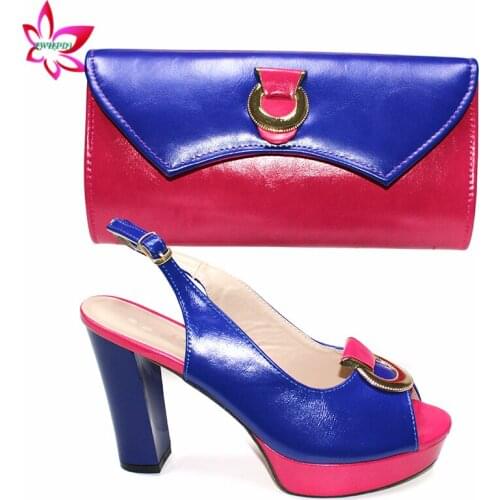 Platform Super High Heels Italian Shoes and Bag High Quality Sandals Matching Bag in Fuchsia with Royal Blue Color For Wedding