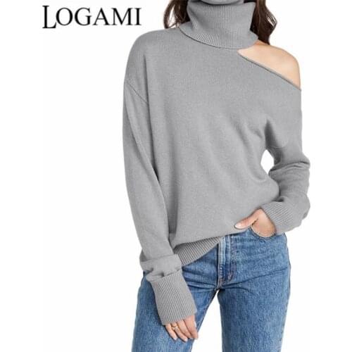 LOGAMI Turtleneck One Shoulder Knit Sweater Sexy Autumn Winter Pullover Women Jumper