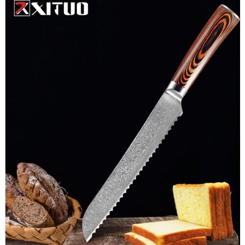 XITUO 8'' inch Serrated Bread Knife Damascus Steel Wood Handle Kitchen Knives High Quality Cake knife Family Baking Tools