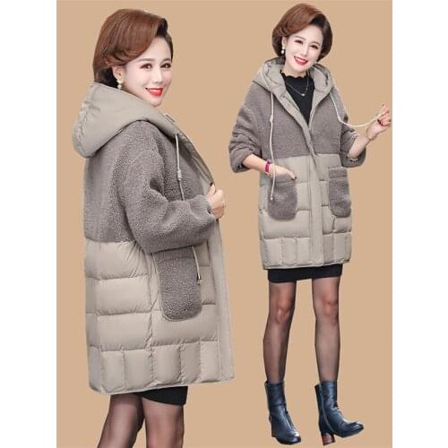 Lamb Fur Stitching Cotton Clothing Women Winter Down Cotton Jacket Hooded Coat Mid-Long Winter Parka Outerwear Mother Dress