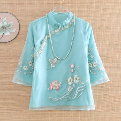 High-end Summer Chinese Style Embroidery Butterfly Organza Blouse Shirt Women Fashion Elegant Loose Lady Shirt Top S-XXL