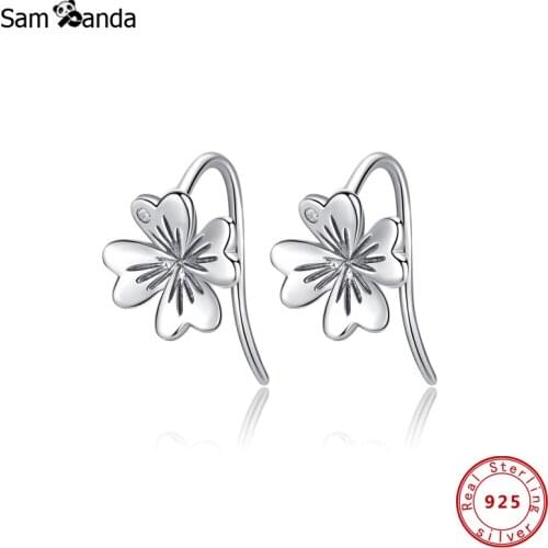 Original 100% 925 Sterling Silver Earrings Lucky Four Leaf Clover Earing Piercing For Women Wedding Birthday Gift Fine Jewelry