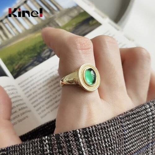 Kinel 925 Sterling Silver Green Crystal Finger Rings for Women Vintage Korea Ring 18K Real Gold Plated Fine Jewelry