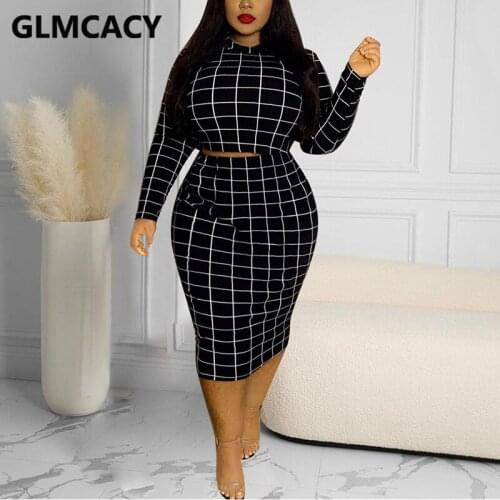 Plus Size Women Two Piece Plaid Dress Set Long Sleeve Crop Top & Bodycon Midi Skirt Set