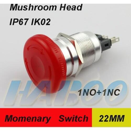 1pcs/lot 22mm mushroom head push button switch waterproof switch momentary IP67 IK02 1NO+1NC shipping free