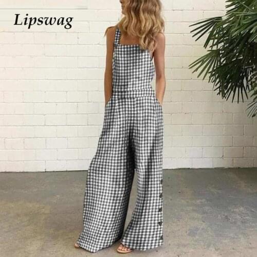 2021 Vintage Plaid Dot Print Button Jumpsuit Women Off Shoulder Sleeveless Strappy Romper Summer Wide Leg Loose Overall Bodysuit