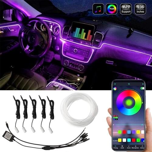 Car Atmosphere Lights EL Neon Wire Strip Light RGB Multiple Modes App Sound Control Auto Interior Decorative Ambient Neon Lamp
