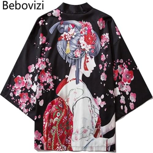 Bebovizi Women Japanese Anime Kimono Traditional Cardigan Men Harajuku Streetwear Cherry Blossoms Costume Yukata Male Haori Obi