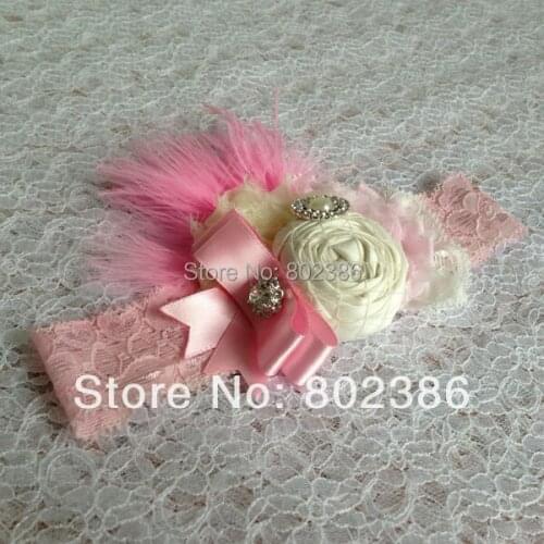Free Shipping Dupioni Silk Roll Flower Pink Ostrich Feather Headband Kids Hair Accessories