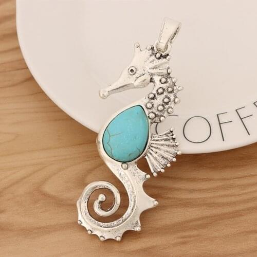2 Pieces Large Tibetan Silver Seahorse Hippocampus with Faux Turquoise Stone Charms Pendants for Necklace Jewellery Making