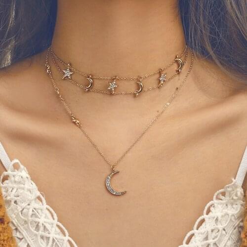 Personality Pentagram Moon CZ Pendant Necklace Charming Womens Multilayer Gold Clavicle Chain Fashion Lady Bohemia Choker