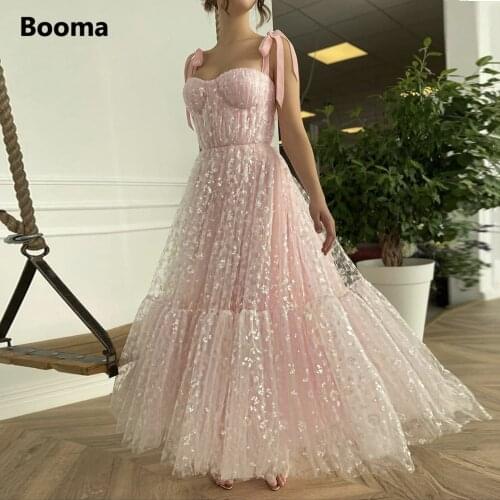 Booma Baby Pink Sequined Tulle Prom Dresses Sweetheart Bow Straps Ankle-Length Evening Party Gowns 2021 A-Line Formal Dresses