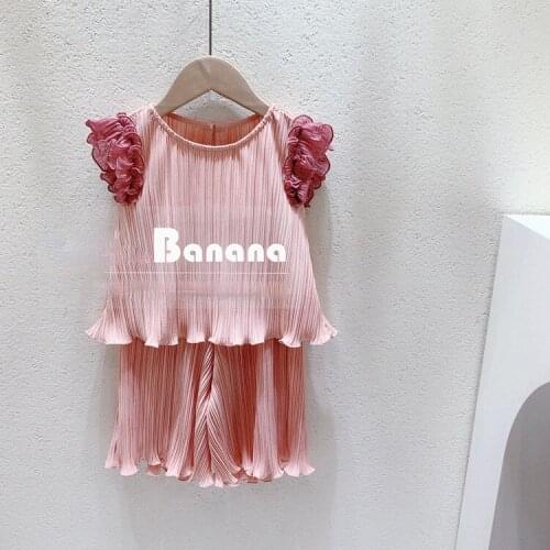 Korea girls baby children 2021 summer new chiffon fungus lace collar vest pants 2-piece suit kids clothes