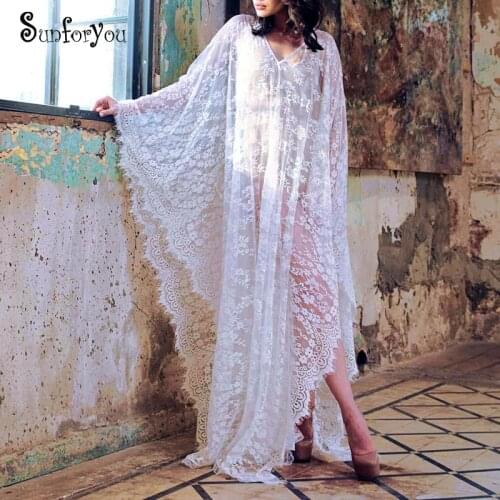 Extra Plus size Lace Beach Dress Cover up Women Bikini Cover up wrap Long Dress Vestidos de Playa Beach wear Swim suit Cover up