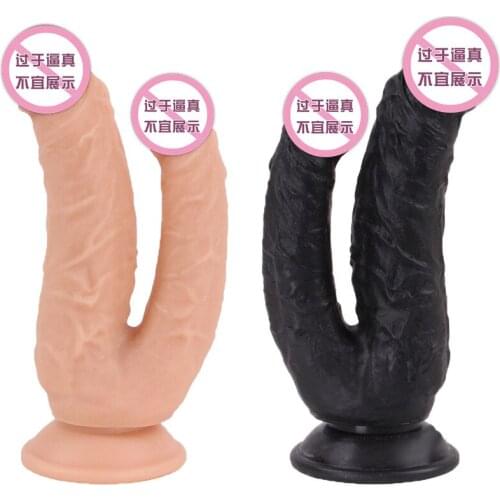 Double Headed Dildos Stimulation of Vagina and Anus Realistic Penis Dual Ended Phallus with Strong Cup Sex Toys for Women S0290
