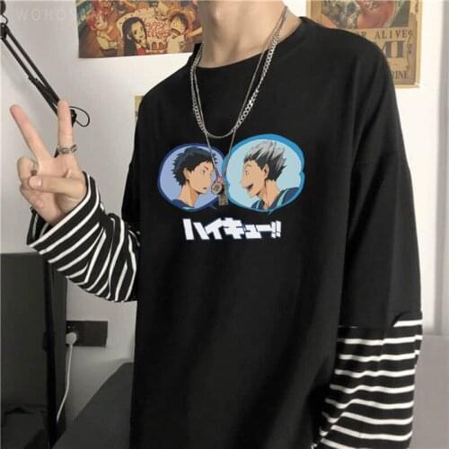 Japan Anime Haikyuu Kotaru Bokuto Akaashi Keiji Kawaii Cartoon T-shirt Harajuku Summer Men Long Sleeve Fake Two Stripe Tshirts
