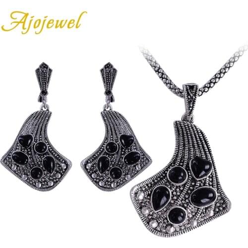 Ajojewel Antique Black Resin Geometric Jewelry Sets For Women Pendant Necklace Earrings Joyas De Plata
