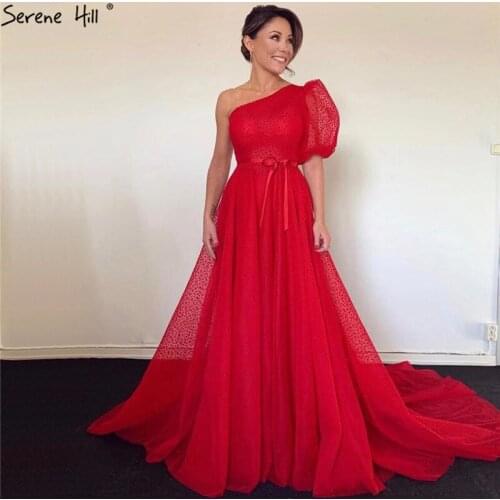 Red One Shoulder Half Sleeves Evening Dresses 2020 Sashes Simple Sexy A-Line Evening Gowns Serene Hill LA70192