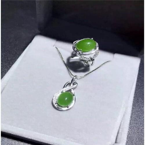 High grade 925 silver inlaid natural spinach green jasper set genuine genuine Hetian jade pendant