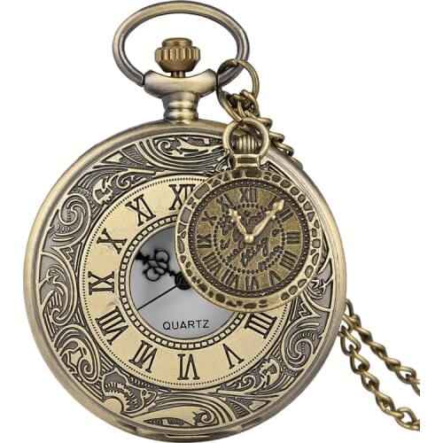 Retro Bronze Engraved Roman Numeral Quartz Pocket Watch Hollow Antique Necklace Chain Gifts for Men Women Watch Clock Accessory