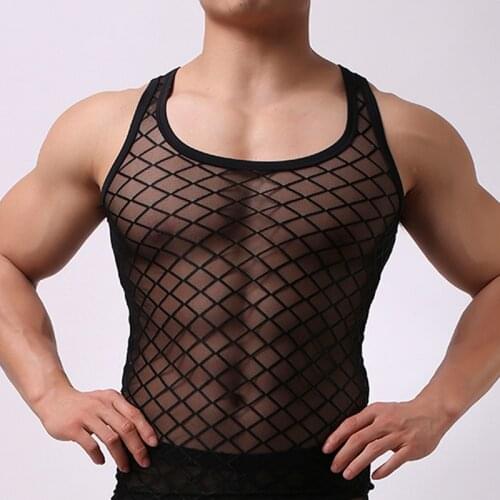 Fishnet Men Sexy Mesh Tank Tops Transparent Sleep Tops Male Underwear Singlet Sleeveless Vest Undershirt Sleepwear