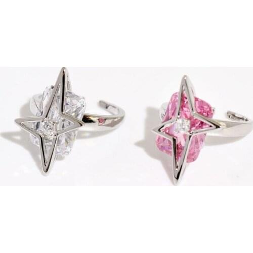 European and American ring geometric stars pink square inlaid gemstone design fashion trend ring ring