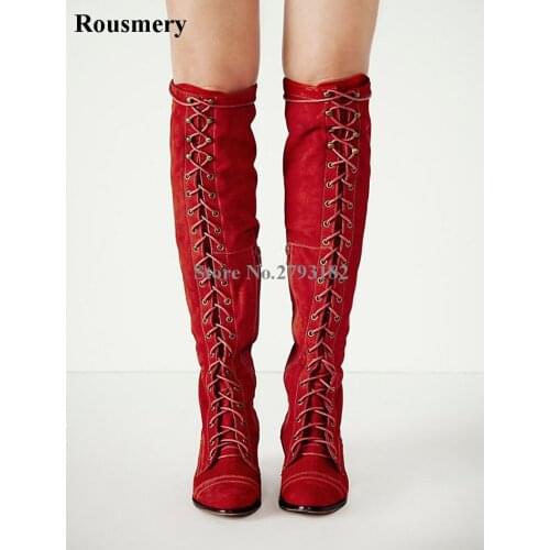 Autumn Winter Fashion Women Suede Leather Lace-up Thick Heels Knee High Boots Chunky Heel Comfortable Mid-Heel Long Boots
