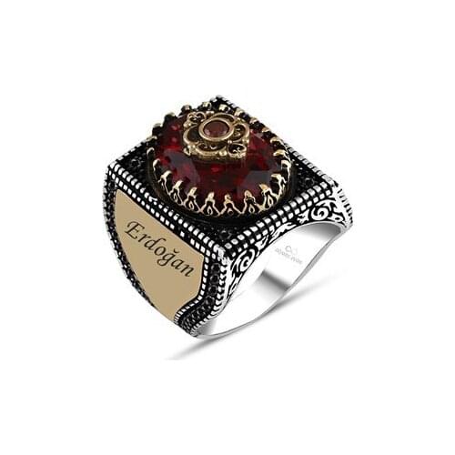 Red Stone Edge Kısımlarına Name Rewritable Silver Men 'S Ring