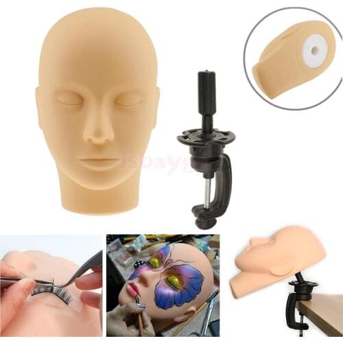 Soft Silicone Eyelashes Massage Face Painting Practice Training Mannequin Manikin Head + Black Desk Table C Clamp Holder