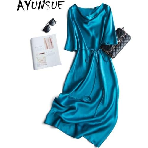 AYUNSUE Real Silk Dress Woman High Quality Long Satin Dress 2021 Fashion Blue Elegant Party Dresses Vestidos De Verano KJ