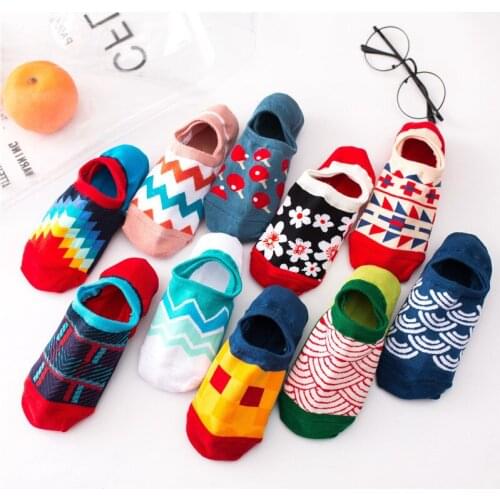 Casual Cotton Spring Summer Funny Sweat Short Socks Happy Socks Geometric Ankle Female Invisible Boat Silicone Socks Slippers
