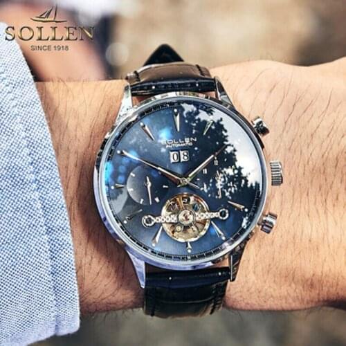 SOLLEN Men Mechanical Watches Automatic Waterproof Clock Genuine Leather Band Multifunction Dial Man Watch SL-308
