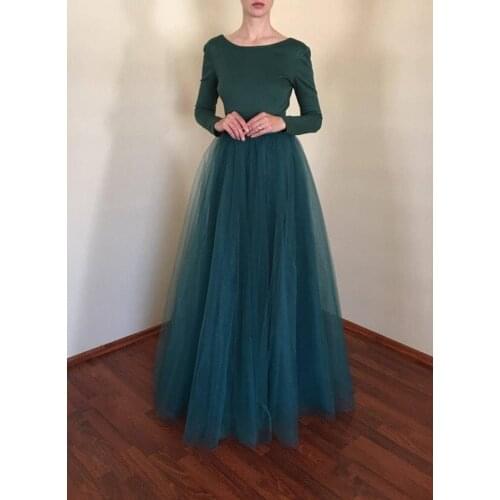 Teal Tulle Spandex Prom Dress with pockets Long Sleeve Backless Evening Formal Party Gowns vestido de fiesta de boda