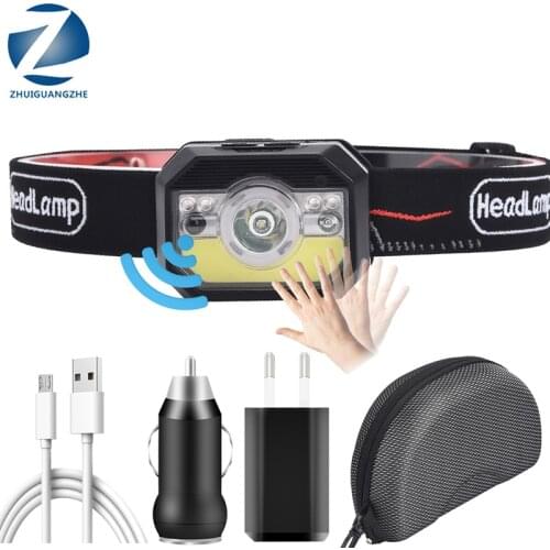 Q5 Sensor Headlamp Head Lamp Headlight Waterproof Head Light Built-in Rechargeable Battery Running Light Red COB Bulb Lantern