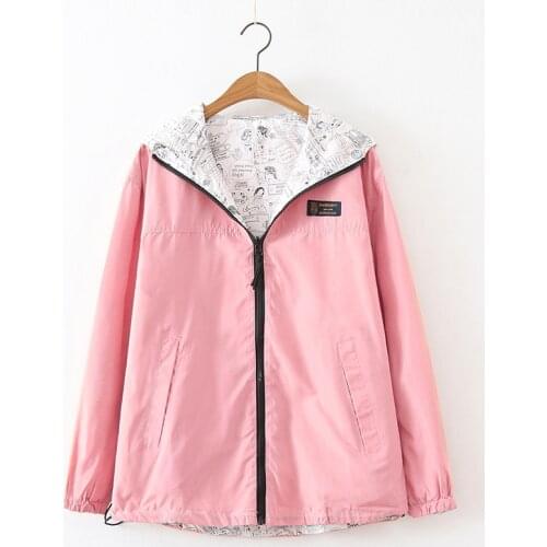 Women Spring Autumn Bomber Windproof Jacket Women Fashion Zipper Hooded Two Side Wear Outwear Loose Plus Size Windbreaker Famale