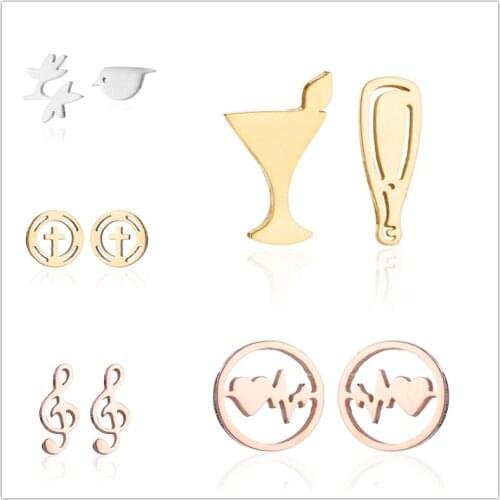Oly2u Punk Gothic Night Bar Wine Cup&Bottle Steel Earings Dainty Little Bird Rose Gold Gold Music Piercing Earrings for Women