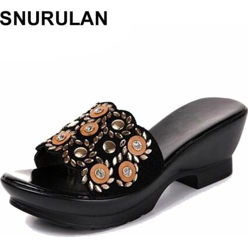 SNURULANWomen slipper 2020 ladies summer slippers shoes women wedges heels fashion rhinestone summer shoes Geuine leather