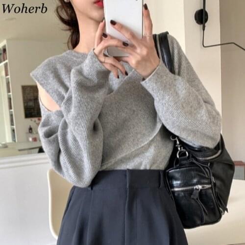 Woherb Sweaters for Women Fall Clothing Korean Fashion Hollow Out Off Shoulder Kitted Pullovers Tops 2021 Temperament Jumper