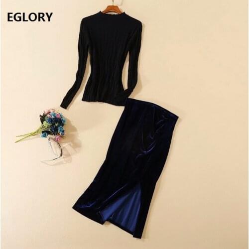 2020 Autumn Winter Fashion Suits & Sets Women Long Sleeve Black Sweaters+High Waist Split Midi Pencil Skirt Set Female 2 pc Suit