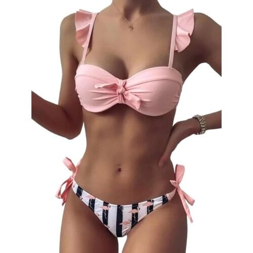 Womens 2Pcs Bathing Suit Ruffle Sleeve Tie Knot Crop Tops + Striped Bikini Bottom Set Swimsuit