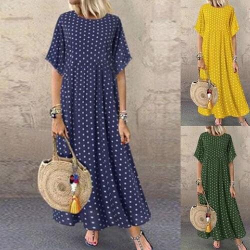 Casual Loose Style Women Long Dress Lady Polka Dot Dress Simple Short Sleeve Round Neck Dress