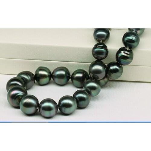 925 silver real natural big HUGE 10-11mm Natural real Tahitian black GREEN round pearl necklace women gift