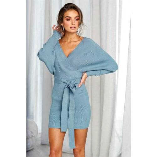 2018 New long sleeve v neck knitted dress women casual sash autumn winter sweater dress ladies sexy elegant wrap pullover dress