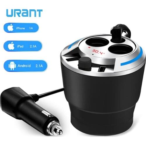 URANT12V 24V Car Charger Cup Holder Dual Cigarette Lighter Sockets Power Adapter with Dual USB Ports LED Voltage Detection