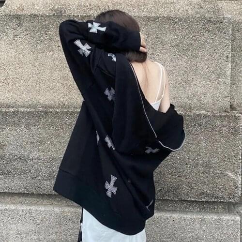 Black Zip Hoodie Hip Hop Rhinestone Gothic Streetwear Korean Fashion Punk Sport Jacket Pullover grunge sweatshirts with hoodies